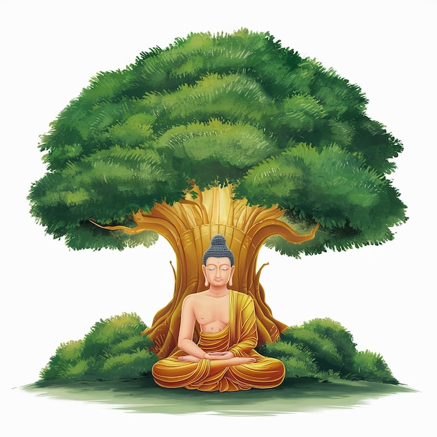 Buddha Purnima Vesak Day illustration Gautam Buddha sitting under bodhi tree isolated on white background