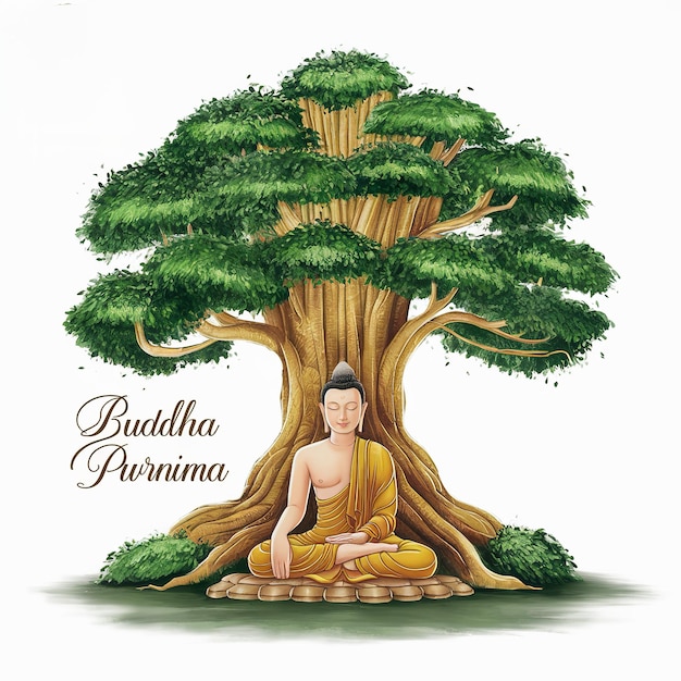 Buddha Purnima Vesak Day illustration Gautam Buddha sitting under bodhi tree isolated on white background