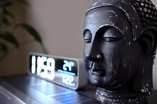 Photo the buddha's head in the home interior the atmosphere of the prayer room the altar