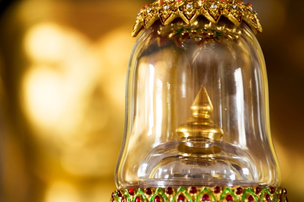 Buddha's relics and golden buddha in ubosot of Wat Phra Borommathat Chaiya Temple in Chaiya district in Surat Thani Thailand