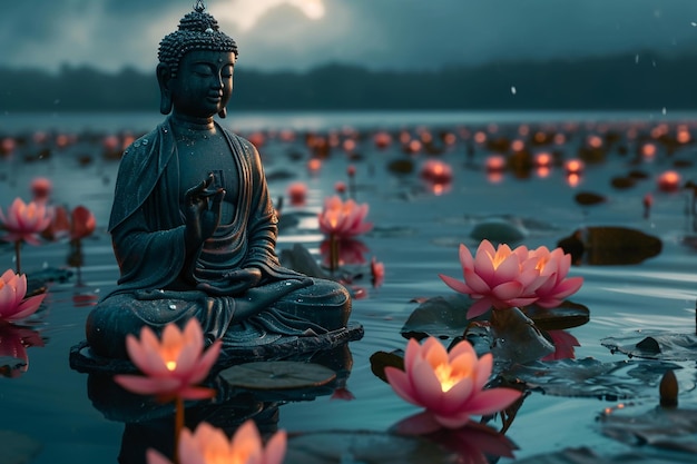 Buddha sat in a lotus flower floating on the water surface