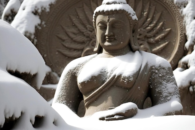 Фото Скульптура будды в снежном буддийском старом храме, созданная с помощью генеративного ии