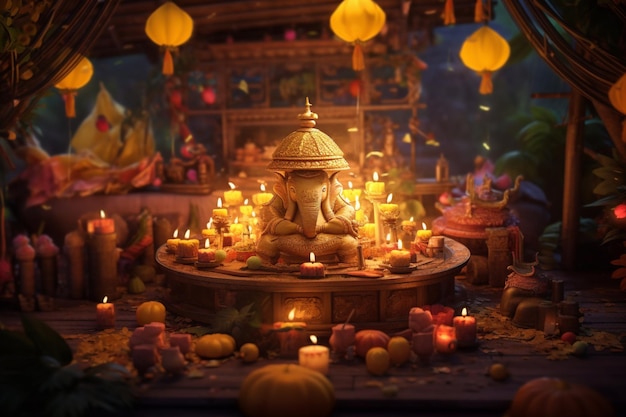부처님은 연꽃과 촛불이 있는 정원에 앉아 있다 베삭 축제 축하 베삭 데이의 배경
