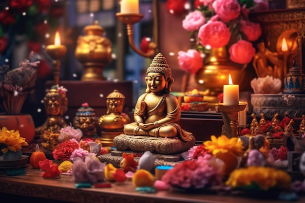 A buddha sits in garden with a lotus and candles Background for vesak festival celebration Vesak day
