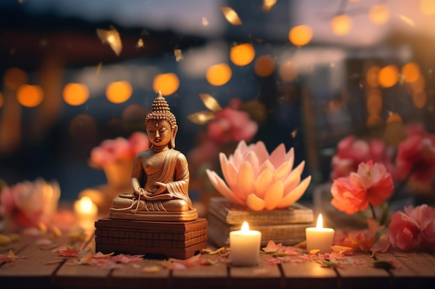 A buddha sits in garden with a lotus and candles Background for vesak festival celebration Vesak day