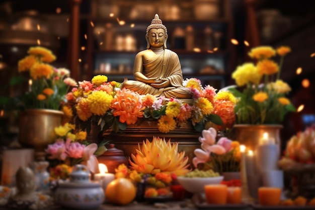 Будда сидит в саду с лотосом и свечами Фон для празднования фестиваля Весак День Весак