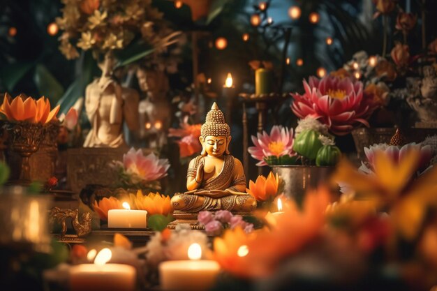 A buddha sits in garden with a lotus and candles Background for vesak festival celebration Vesak day