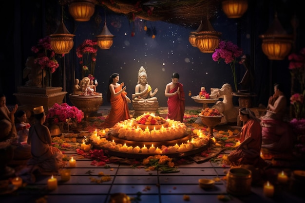 A buddha sits in garden with a lotus and candles Background for vesak festival celebration Vesak day