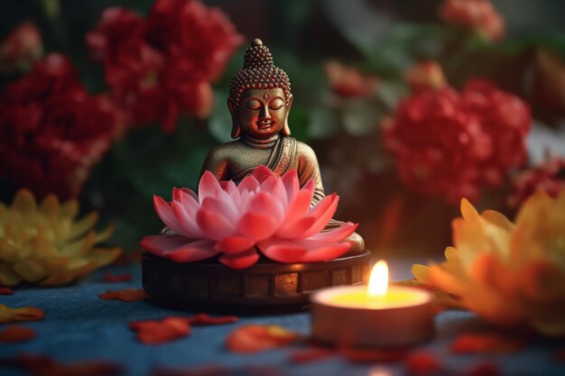 A buddha sits in garden with a lotus and candles Background for vesak festival celebration Vesak day