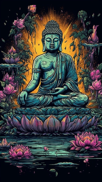 A buddha sits in a lotus pond.