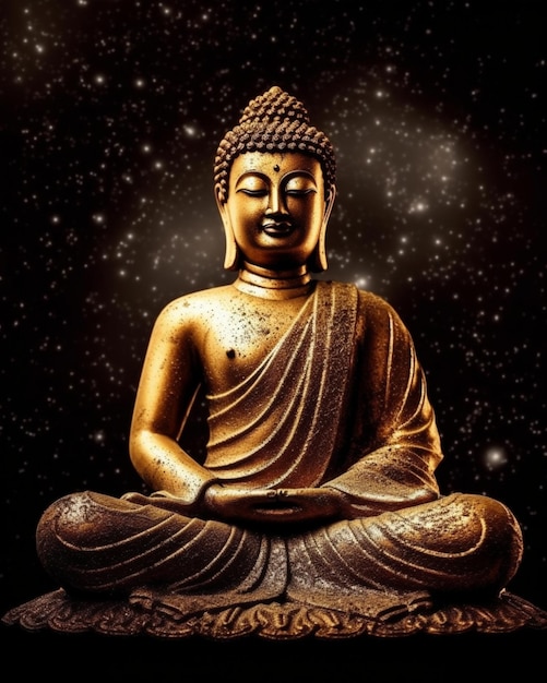 A buddha sits in the middle of a starry night.