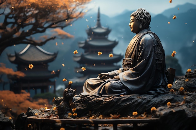 A buddha sits in the mountain with a lotus and candles Background for vesak celebration Vesak day