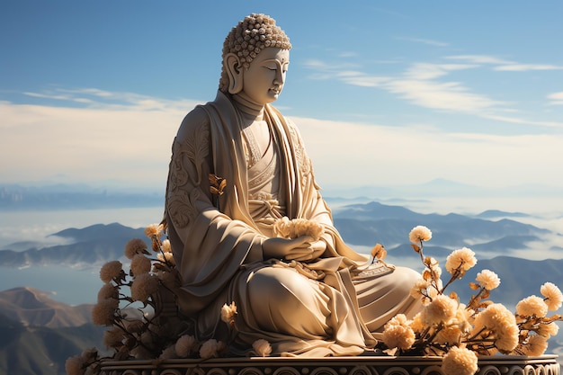 A buddha sits in the mountain with a lotus and candles Background for vesak celebration Vesak day