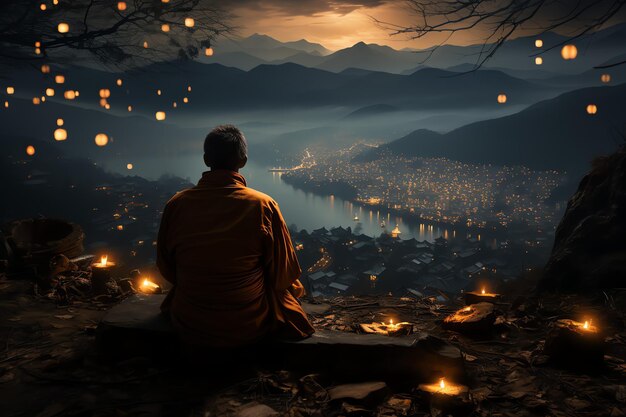 A buddha sits in the mountain with a lotus and candles Background for vesak celebration Vesak day