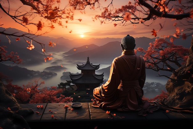 A buddha sits in the mountain with a lotus and candles Background for vesak celebration Vesak day