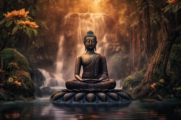 A buddha sits in a pond with a waterfall in the background.