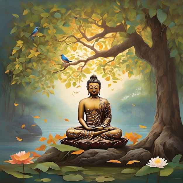 buddha sitting in front of a tree with flowers and a bird