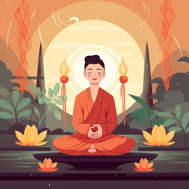 Buddha sitting in lotus position with candles and flowers in the background generative ai