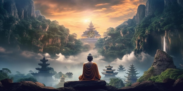 Buddha sitting on a rock in front of a mountain with a waterfall generative ai