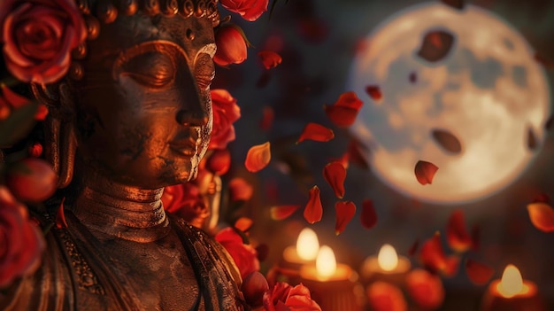 Photo buddha statue adorned with flowers under a full moon