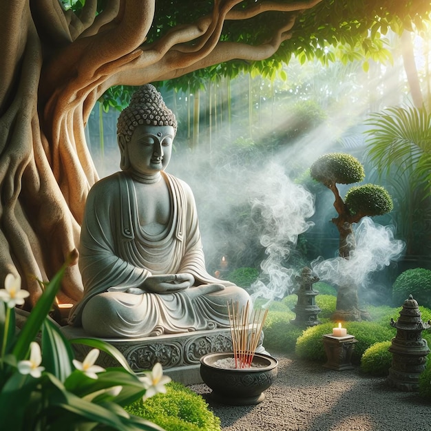 Buddha statue amidst serene garden a tranquil oasis of inner reflection