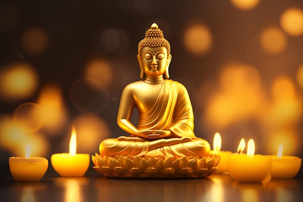 Buddha statue among candles and lotus flowers blurred golden background 1