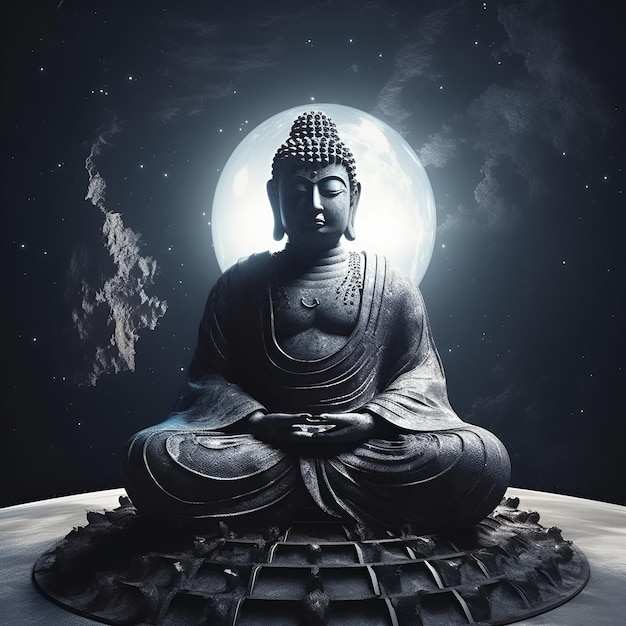 Buddha statue on the background of a glowing moon in space Buddhism poster