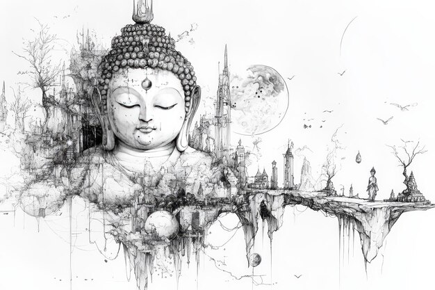 Photo buddha statue in bangkok thailand hand drawn illustration