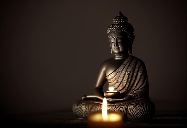 Photo buddha statue on a dark background with a candle ai generated