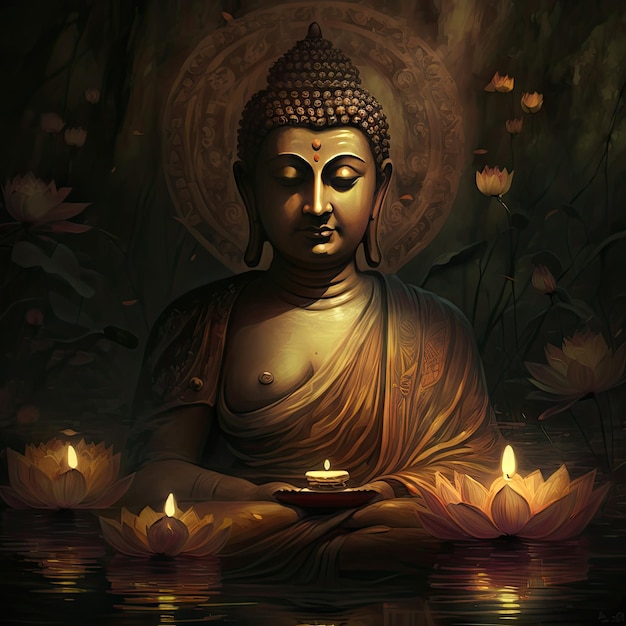 Buddha statue in a dark room with lotus flowers