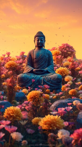 Buddha statue in a field of flowers with a sunset in the background generative ai