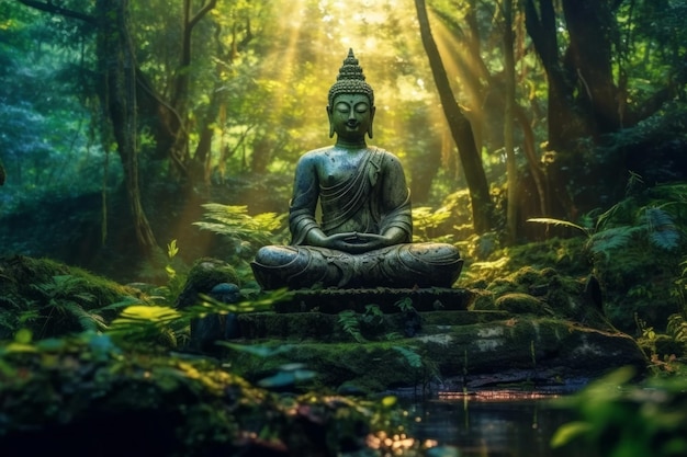 Buddha statue in the forest with sunbeam and lens flare Ai generated