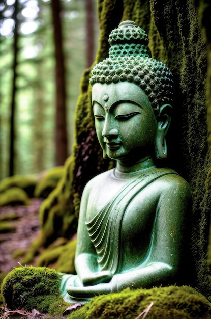 A buddha statue in a forest with the word buddha on it