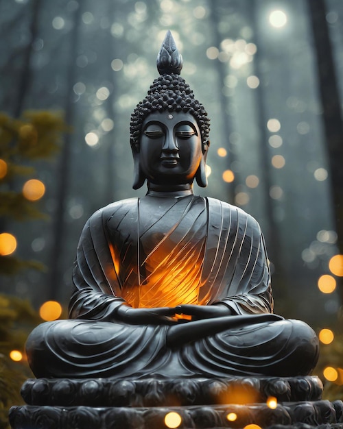 Foto una statua di buddha di black crystal con una fiamma sullo sfondo