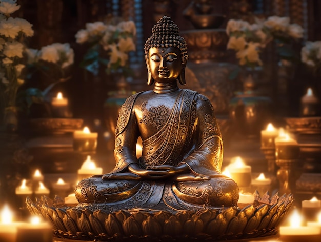 A buddha statue in front of a lit candle.