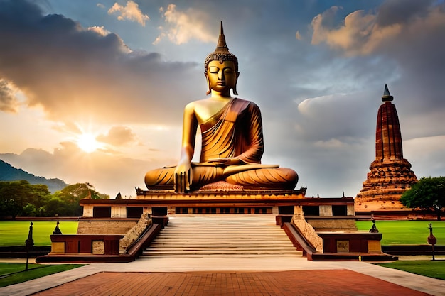 a buddha statue in front of a temple