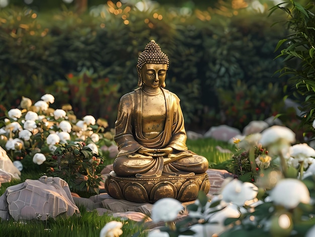 Статуя Будды в саду с белыми цветами и зеленой травой Генеративные иллюстрации ИИ