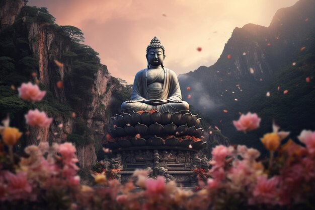Фото Статуя будды в горах с цветами лотоса естественное освещение естественная среда