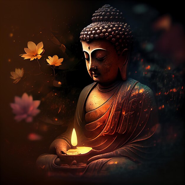 A buddha statue is lit up with a candle in the foreground