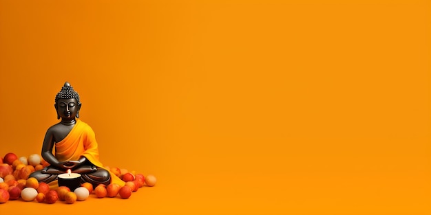 Photo buddha statue and lotus flower on orange background