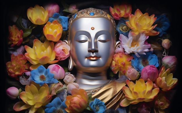 Buddha statue and lotus flowers on black background thailand