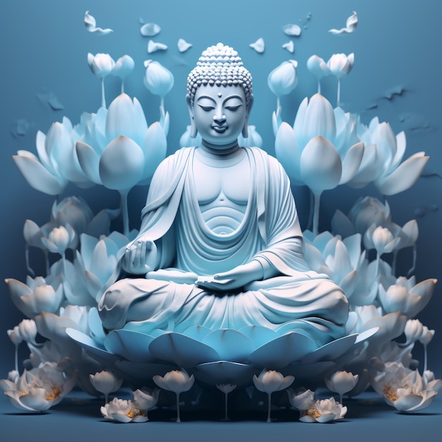 Buddha Statue and Lotus Flowers