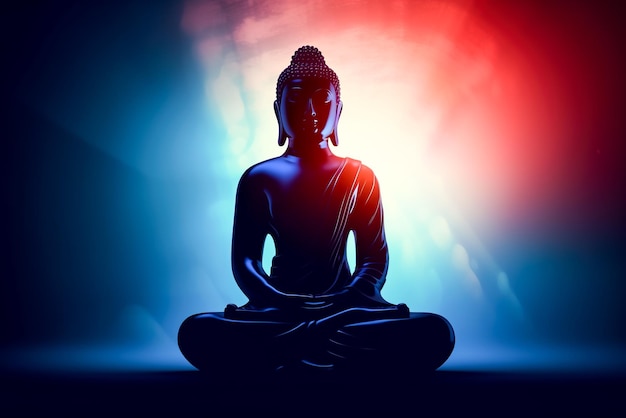 Photo buddha statue in lotus position on blue background with light rays generative ai