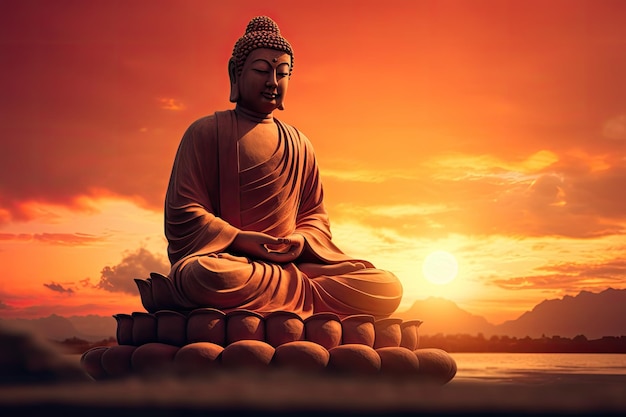 Buddha statue on the lotus position with sunset background buddha statue in the sunset AI Generated