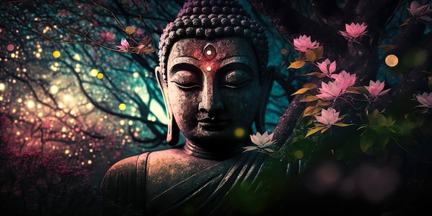 Buddha statue under a lotus tree AIGenerated