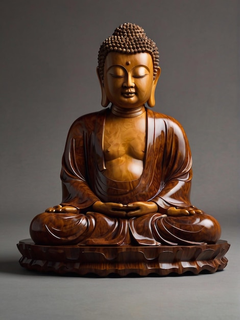 A Buddha statue made of lacquered polished walnut burl and Mahogany