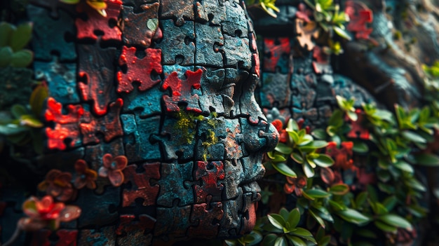 Buddha statue made of wood and stone with red and green colors