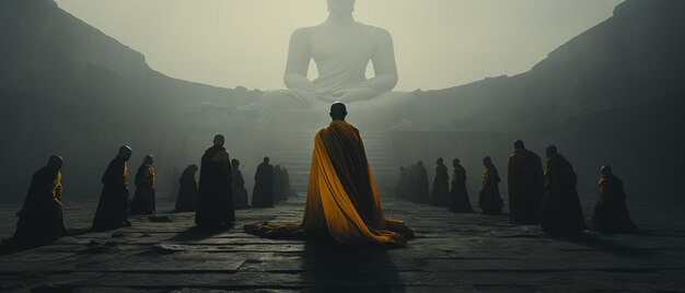 Buddha statue mediating with crowd of monk