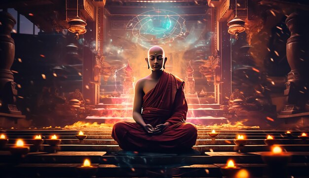 Buddha statue in a meditation position spiritual power that opens fantasy gate