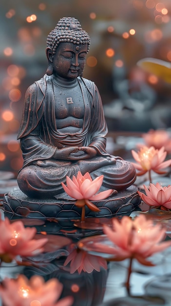 Статуя Будды в медитации, окруженная светящимися цветами лотоса на воде